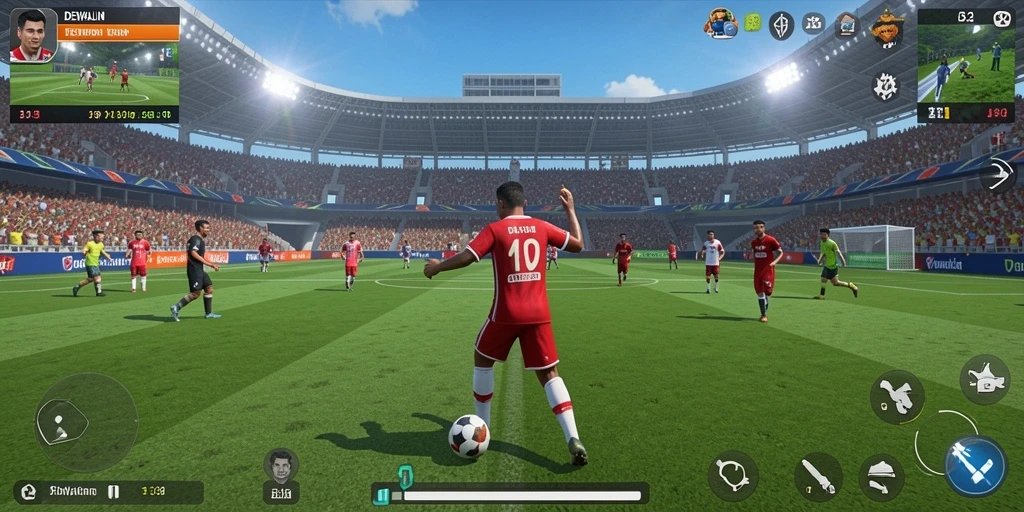 Tampilan gameplay yang mengasyikkan di lapangan sepak bola.