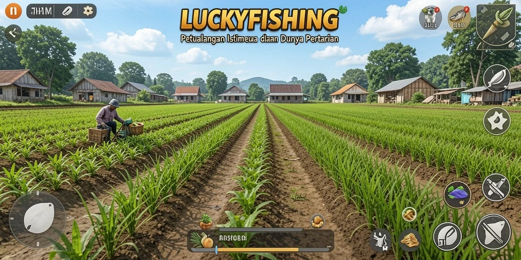 Tampilan gameplay <strong>LUCKYFISHING</strong> dengan ladang subur dan kolam ikan yang melimpah.